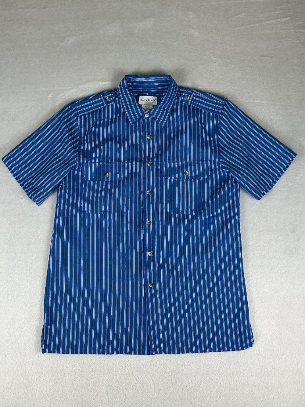 John Blair Short Sleeve Button Up Shirt Men's Size M Blue Striped Epaulets.